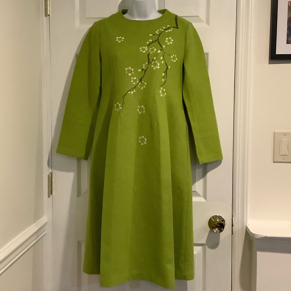 Green Hand Painted Wool Retro Hipster Eclectic Funky Artsy Fall Winter Dress M